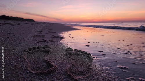 Footprints in the sand lead along a tranquil beach at sunset, with gentle waves lapping at the shore and a colorful sky reflecting warm hues of orange and purple