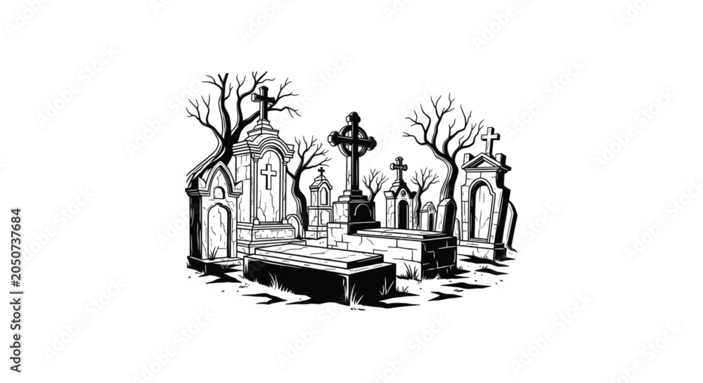 Obraz premium Black and white illustration cemetery scene.