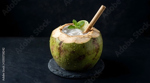 A refreshing coconut cocktail with ice and a straw on a dark background