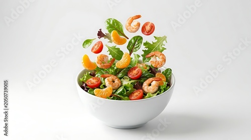 Shrimp salad with citrus and mixed greens in white bowl floating ingredients