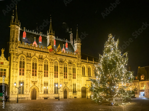 Bruges Town Hall and Christmas Tree at Night