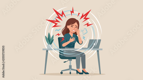 Photos Anxious woman at office desk experiencing stress while working on computer