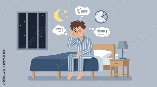 Bild auf Leinwand Sleepy man sits on a bed in a quiet bedroom during the night.