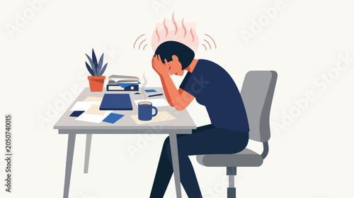 Foto Overworked professional sits at a cluttered desk, head in hands, overwhelmed by tasks