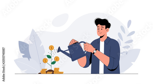 Man watering money tree, symbolizing financial growth, investment, and savings. Flat illustration style.