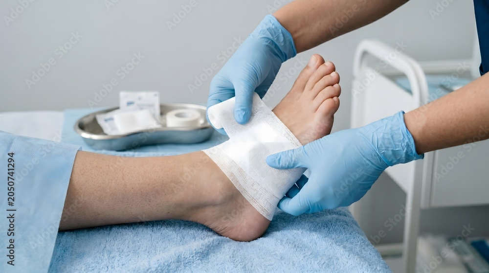 Obraz premium A medical professional applying a sterile bandage to a patient's foot in a clinical setting.