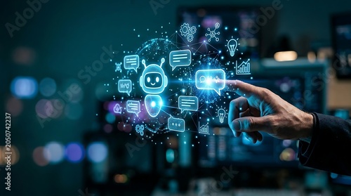 AI chatbot interface with futuristic icons and human interaction, representing artificial intelligence and digital communication