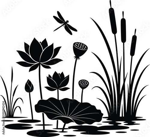 Silhouette of Lotus Flowers and Cattails in Water with Dragonfly