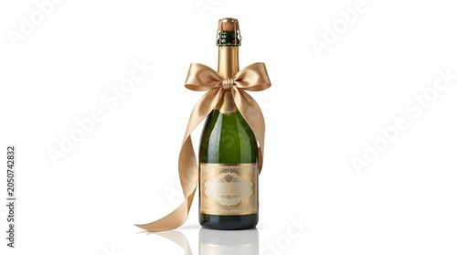 Champagne Bottle with Golden Ribbon Bow Isolated on White Background