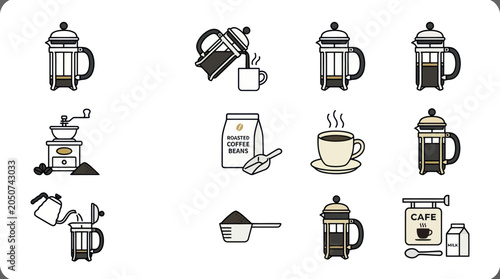 Detailed colored icons for coffee brewing and accessories.