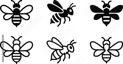 Fotografía bee icon collection with bold black vector silhouettes in honeycomb style layout