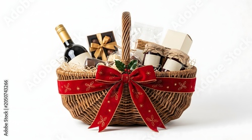 Holiday gift basket with wine bottles and snacks wrapped in red ribbon on white background