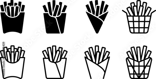 french fries icon collection with black silhouettes in cup, cone, and basket shapes