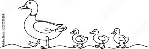 Schilderij op canvas Continuous line drawing of a mother duck walking with three ducklings isolated o