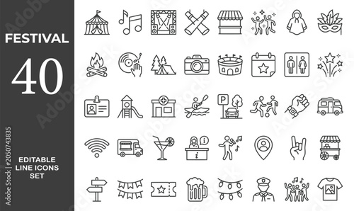 Canvas Print Festival line editable icon set