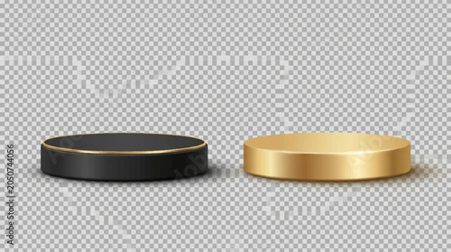 Obraz na płótnie Black and gold cylindrical pedestals with metallic trim on a transparent backgro
