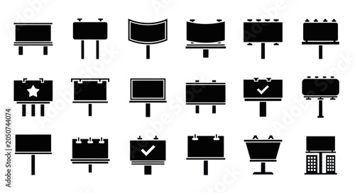 Schilderij op canvas A collection of various billboards and signs on stands are displayed in rows on a plain surface