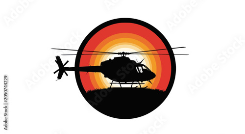 Foto Helicopter silhouette flies against vibrant sunset sky with rotor spinning