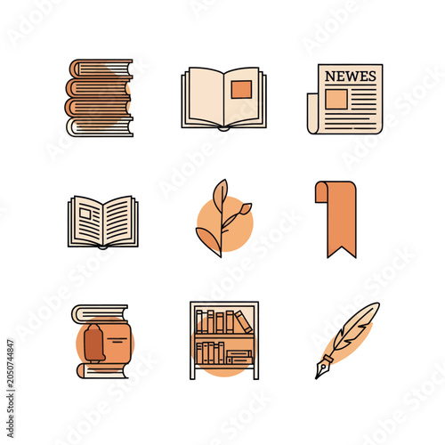 Canvastavla Vintage Book Icons: Reading, Education, Knowledge, Literature, and Writing Set