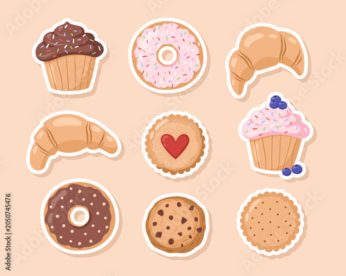 Set of sweet pastries stickers. Vector illustration