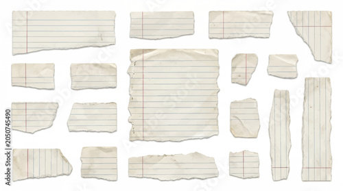 Photos Torn notebook paper scraps with red lines on a white background a collection of