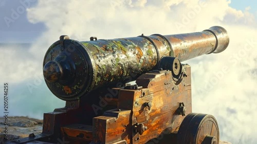 An old cannon sits on a rocky shore with the ocean in the background