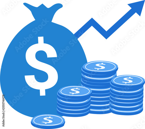 Money bag Dollars and coins stack. Wealth and banking icon, finance.

