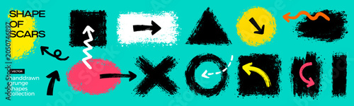 Slika na platnu Set of abstract hand-drawn graphic elements, including arrows, circles, squares, and abstract shapes in black, yellow, pink, and orange colors on a teal background
