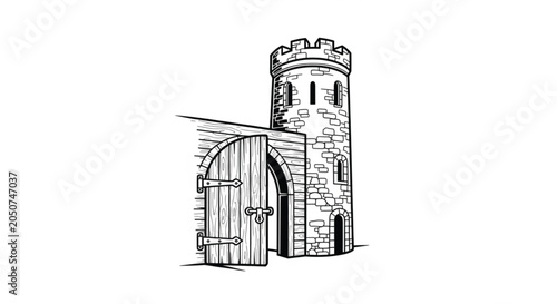 Medieval stone castle tower entrance gate.