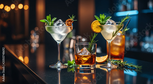 Luxury Craft Cocktails on Elegant Bar Counter in Upscale Restaurant Lounge