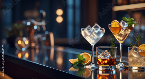 Luxury Craft Cocktails on Elegant Bar Counter in Upscale Restaurant Lounge