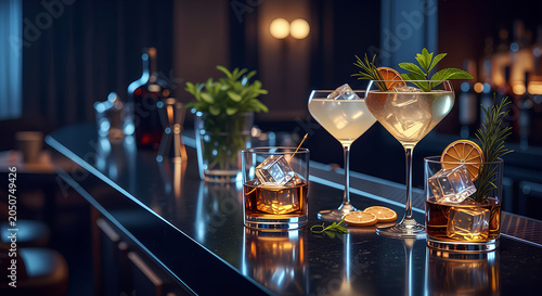 Luxury Craft Cocktails on Elegant Bar Counter in Upscale Restaurant Lounge