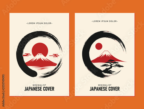 Minimalist Japanese Cover Collection with Enso Brush Circle Mount Fuji and Zen Tree