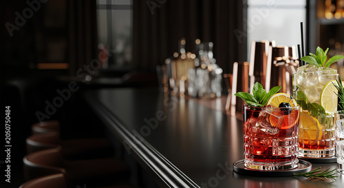 Luxury Craft Cocktails on Elegant Bar Counter in Upscale Restaurant Lounge