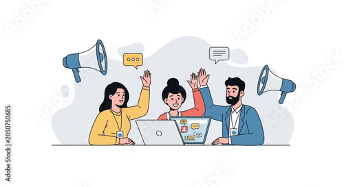 Canvastavla Diverse team raising hands in agreement, with megaphones and laptops, representing teamwork, ideas, and communication