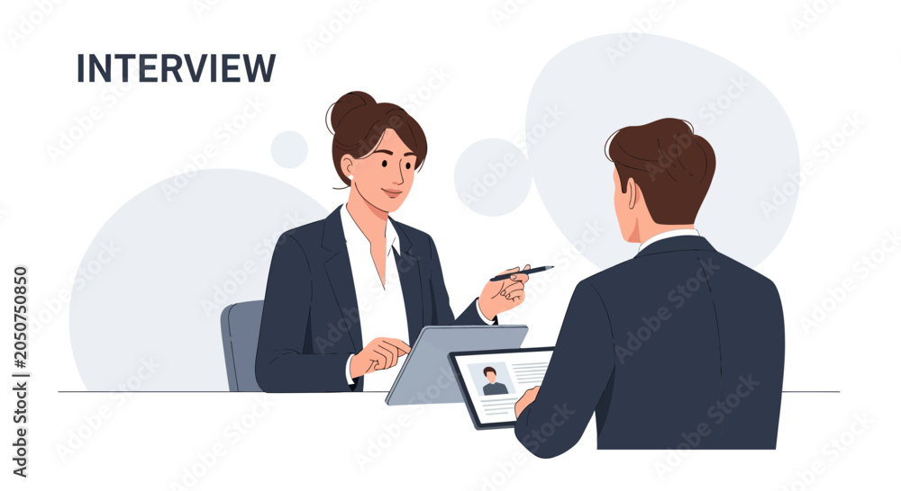 Obraz premium Business meeting: woman interviews man for job, modern vector illustration