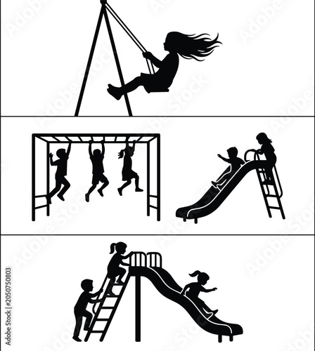 Photography Children playing on playground equipment black silhouettes vector collection fea