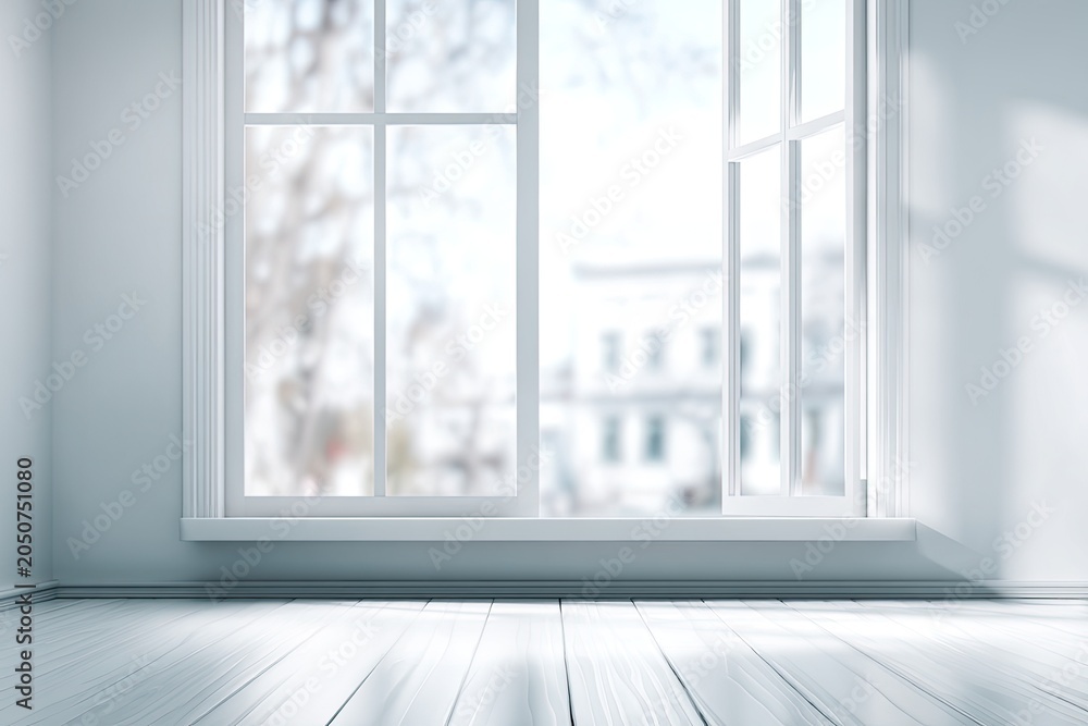 Fototapeta premium An interior space with a sunlit room, featuring an open window and light-colored flooring