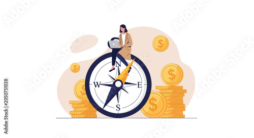 Businesswoman on Compass with Coins Illustrating Financial Direction, Strategy, and Investment