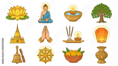 Bild auf Leinwand Vesak ceremony icon collection featuring Buddha, lotus, stupa, and prayer hands