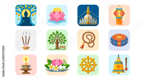 Tablou pe pânză Vesak festival symbols pack icons, a collection of Buddhist cultural elements fo