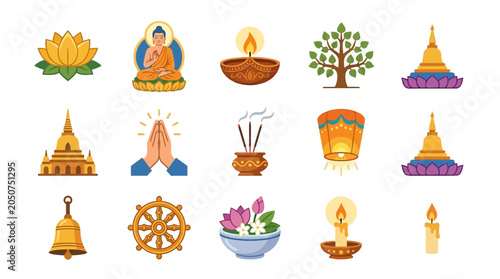 Tableau sur toile Vesak spiritual collection illustration of Buddhist symbols and devotional items