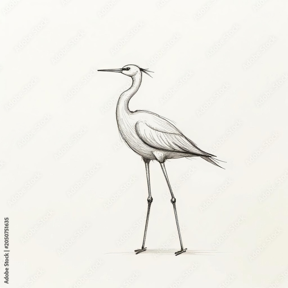Obraz premium Drawing a heron or crane in pencil on a white background. Image of a marsh bird with a long beak and legs. Detailed drawing of feathers.