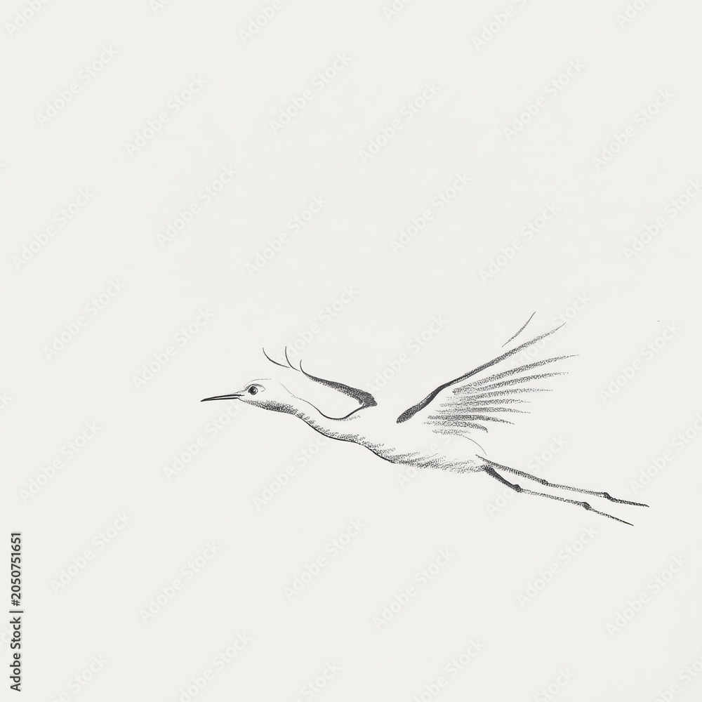 Obraz premium A drawing of a flying crane on a white background. A black and white sketch with a red spot on the head. The style of an engraving or ink drawing. The concept of freedom and nature.
