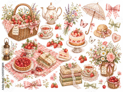 Cottagecore Sweet Picnic Vector Clipart Collection with Strawberries, Floral Tea Set, Vintage Books, Baskets, Cakes, and Romantic Garden Party Elements