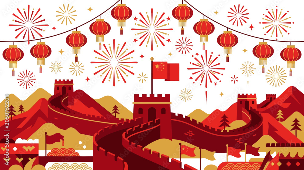 Fototapeta premium Celebrate with the great wall of china backdrop, lively fireworks, vibrant lanterns, and national flag. Perfect for festive, patriotic designs.