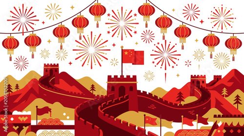 Bild auf Leinwand Celebrate with the great wall of china backdrop, lively fireworks, vibrant lanterns, and national flag