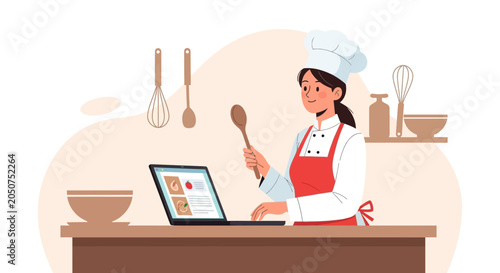 Female chef learning online recipes on laptop in a modern kitchen, flat design vector illustration