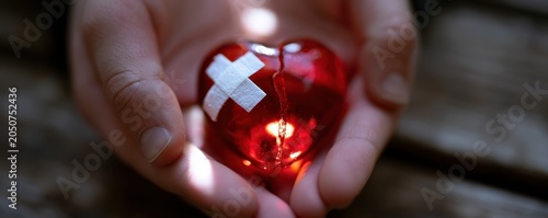 Hands holding  red glass heart mended with  white adhesive medical bandage