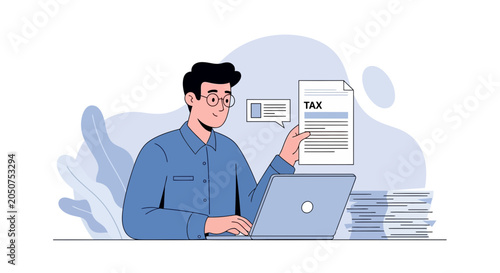 Man working on tax return with laptop and documents, modern flat illustration style